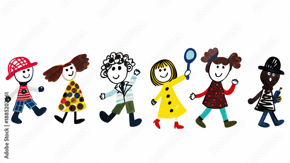Fototapeta premium A colorful illustration of diverse children walking together in a playful and vibrant scene