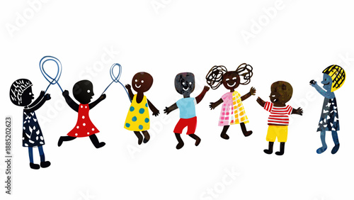 A colorful illustration of diverse children holding hands and playing with jump ropes in a fun and lively scene