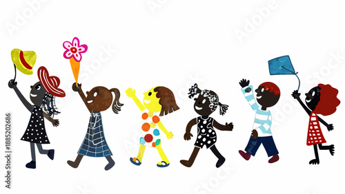 A colorful illustration of diverse children walking and playing together in a joyful scene