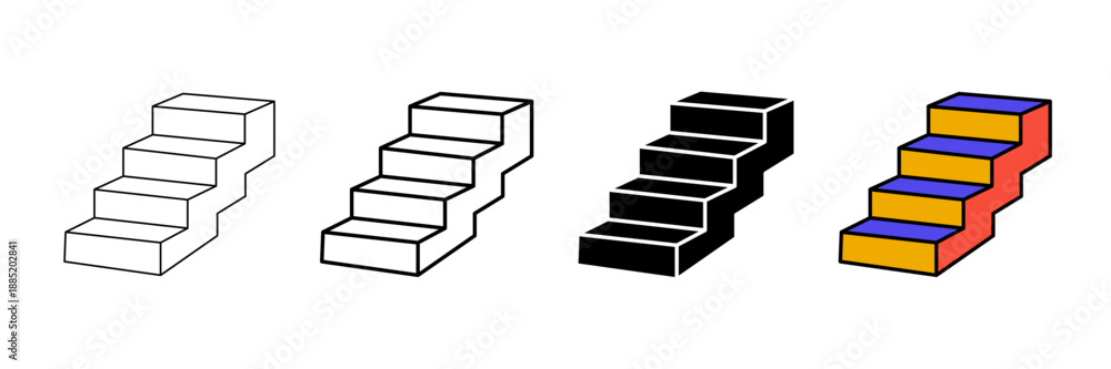 Fototapeta premium Set of minimalist stairs icons with transparent background, depicting concepts of ascent, progress, levels, and growth for web designs, user interfaces, vector illustration
