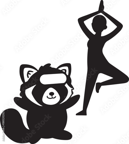 Woman silhouette practicing yoga tree pose with cute red panda meditating wearing sleep mask on ground