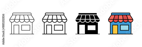 Set of minimalist shop icons with transparent background, depicting retail storefronts, user interface elements, business and shopping applications, vector illustration