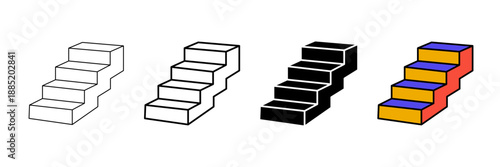Set of minimalist stairs icons with transparent background, depicting concepts of ascent, progress, levels, and growth for web designs, user interfaces, vector illustration