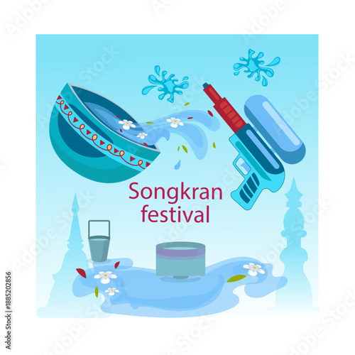 Vibrant Songkran Water Festival Celebration with Water Gun and Traditional Bowl
