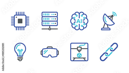 AI & Tech Icons: Processor, Server, Brain, Antenna, Lightbulb, VR, 3D Printer, Chain