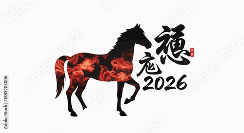 Stylized silhouette of a horse with fiery red patterns, accompanied by Chinese calligraphy and the year 2026, symbolizing the Year of the Horse.