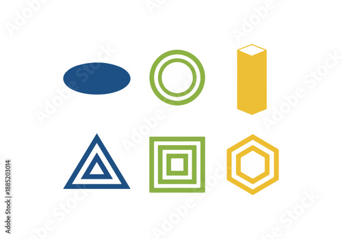 Geometric shapes arrayed against a black background