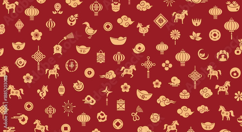 Seamless vector pattern illustrating traditional golden Lunar New Year motifs with stylized horses, paper lanterns, and auspicious clouds arranged on a deep crimson canvas for cultural celebration.