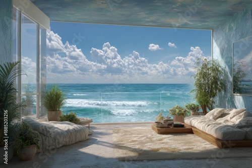 Oceanfront dream suite with stunning views of serene blue waters and fluffy clouds, featuring soft seating and lush greenery in a peaceful coastal environment