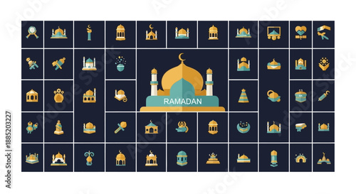 Comprehensive flat vector icon set featuring stylized Islamic symbols for Ramadan, geometric gold and teal mosques arranged in a structured grid on deep navy, minimalist graphic design.
