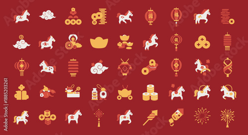 A vibrant collection of Chinese New Year icons and symbols, featuring horses, lanterns, coins, ingots, and festive elements on a red background, representing traditional celebrations and good fortune.