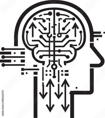 Profile silhouette showing brain circuits data input and output arrows symbolizing thought processing