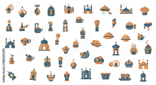 A large collection of flat design icons representing Islamic culture, Ramadan, and Eid celebrations, featuring mosques, lanterns, and traditional elements in blue and orange.