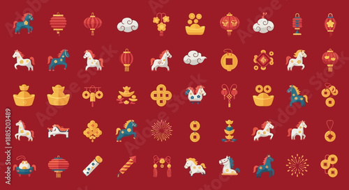 Collection of traditional Chinese New Year icons featuring horses, lanterns, gold ingots, and other festive symbols on a red background.