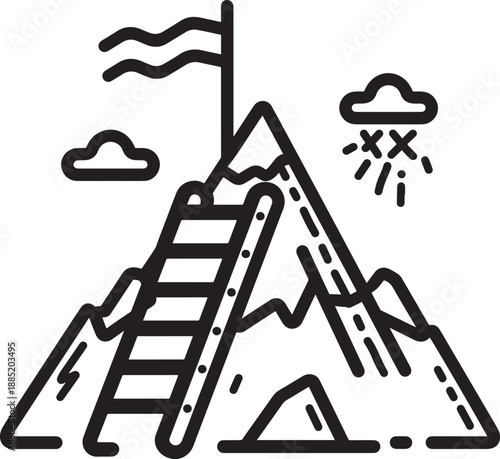 Mountain with flag ladder and clouds depicting challenges goals and perseverance for success