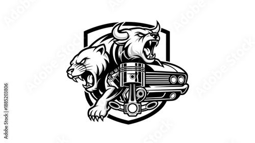 Aggressive Bull and Panther Hybrid Creature with Car Engine Emblem.