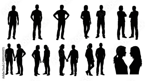 Collection of Diverse Human Silhouettes Standing and Interacting.