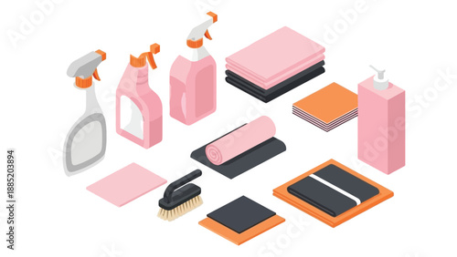 Isometric illustration featuring various household cleaning supplies and textile cloths neatly arranged