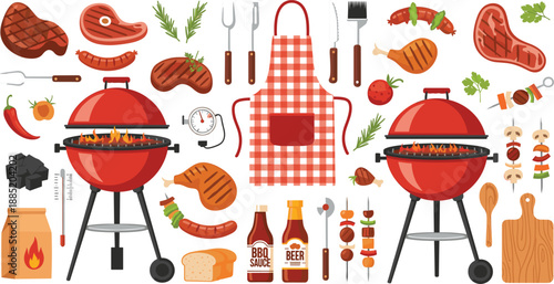 Barbecue Grill Party Vector Set with Red Charcoal Grills Steaks Sausages Skewers Cooking Tools and Apron for Summer Picnic and Restaurant Menu Designs