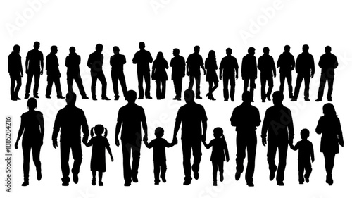 Diverse Group Of People Silhouettes Walking Together.