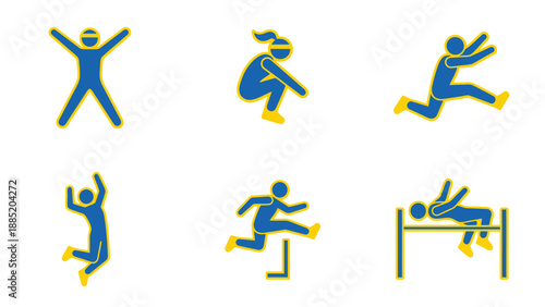 Track and Field Icon Set: Blue and Yellow Sporting Figures