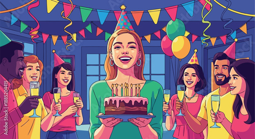 Birthday party celebration with happy diverse friends and cake illustration