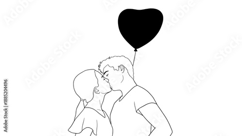 Minimal black and white line art illustration of a romantic couple with a heart balloon. Perfect for love concept, Valentine design, wedding graphics, and emotional illustrations.