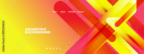 Bright abstract geometric background. Yellow, orange, pink hues dominate design. Navigation menu present, dots indicate sections. Modern, vibrant.