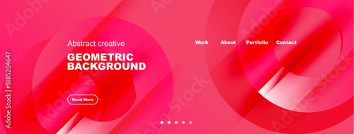 Modern website mockup. Pink gradients dominate design. Text highlights geometric background, includes navigation options, button.