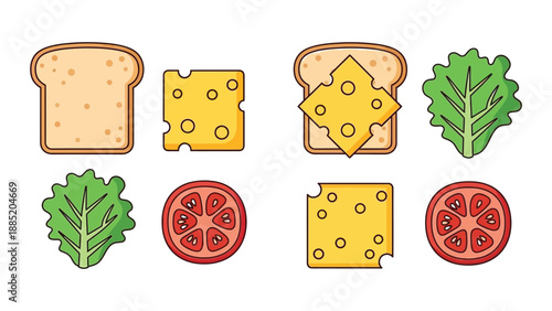 Illustrated set of fresh sandwich ingredients displayed as flat design icons
