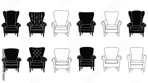 Collection of classic wingback armchair icons in black and white outline styles
