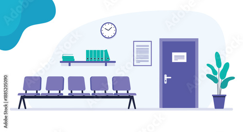 Empty and clean waiting room in a hospital or office, with chairs, a door, and a clock, ready for patients or clients.