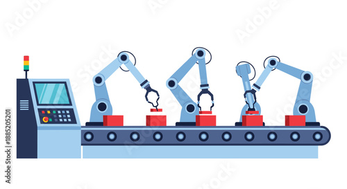 Automated factory assembly line with multiple robotic arms and a control panel, showcasing smart manufacturing and industrial production.