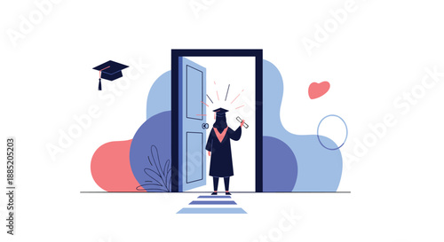 Female graduate in a cap and gown holding a diploma and stepping through a doorway, symbolizing future opportunities and success.