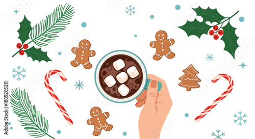 Hand holding a warm cup of hot chocolate with marshmallows, surrounded by festive Christmas cookies, candy canes, and holly.