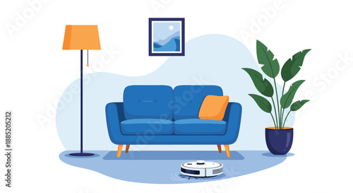 Smart robotic vacuum cleaner autonomously cleaning the laminate floor in a modern living room interior with cozy furniture.