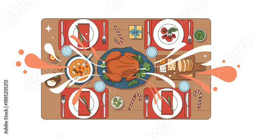 Top-down view of a festive Christmas dinner table set for four, with a roast turkey as the centerpiece and holiday decorations.