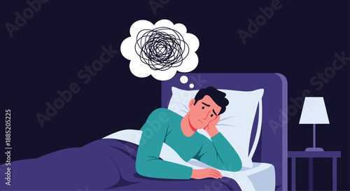 Anxious man lying in bed at night suffering from insomnia and stress, with a tangled thought bubble over his head.