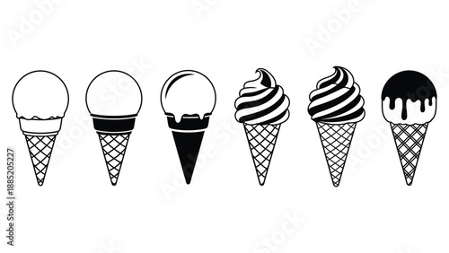 Set of six black and white ice cream cone icons showing various dessert styles