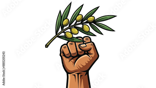 Raised clenched fist holds a branch of olives symbolizing peace and victory