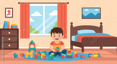Happy young boy sitting on the floor of his colorful bedroom playing with educational wooden building blocks and other toys.