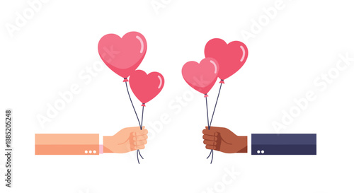Two diverse hands, one Caucasian and one African American, holding pink heart-shaped balloons to represent love and unity.