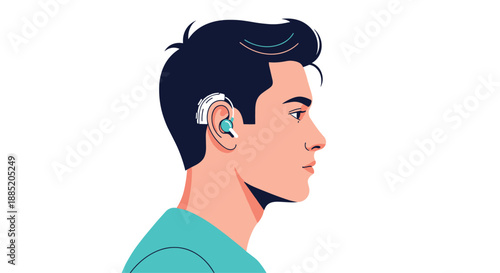 Young man shown in profile view wearing a modern digital behind-the-ear hearing aid to assist with his hearing loss.