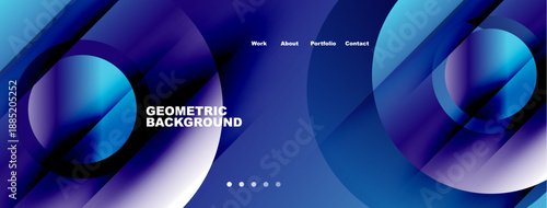 Abstract blue design. Geometric shapes overlap, creating dynamic visual effect. Text displays website navigation options. Modern, sleek presentation.