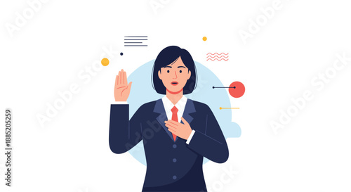Businesswoman in a formal suit making a solemn promise or taking an oath with one hand raised and the other on her heart.