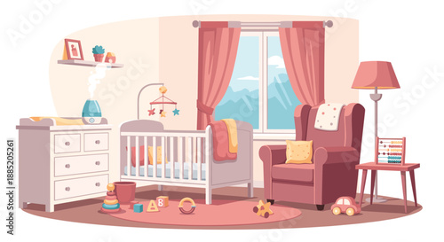 Cozy and modern baby nursery room interior with a crib, armchair, changing table, humidifier, and developmental toys.
