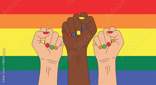 Diverse fists with rainbow nail polish raised in solidarity against a rainbow flag, symbolizing LGBTQ pride and equality.