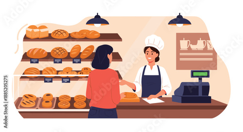Friendly female baker in a chef hat serving a customer fresh bread at the counter of a cozy local bakery shop.