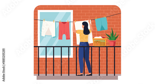 Young woman hanging freshly washed clean clothes on a clothesline to dry in the sun on her apartment building balcony.