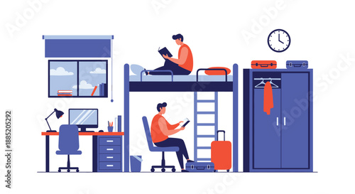 University students living in a college dorm room, one reading on a bunk bed and the other studying at a computer desk.